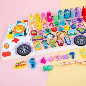 Jucarie educativa 6 in 1, logaritmica, in forma de masinuta cu multe accesorii, din lemn, pentru copii 3 ani+, 45x23 cm, multicolor - Img 7