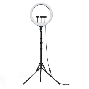 Lampa circulara LED 44cm, 18, cu intensitatea luminii reglabila, trepied si telecomanda, negru - Img 1