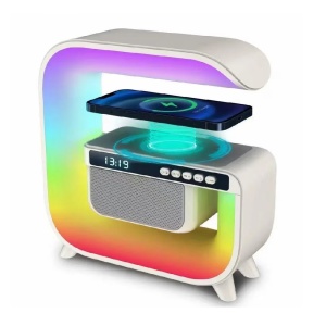 Lampa Smart LED RGB cu difuzor Bluetooth, Incarcare Wireless 15 W pentru Mobil, Ceas, Lumina Ambientala, Alarma, Alb - Img 7