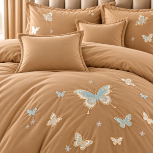 Lenjerie de Pat Matrimonială din Bumbac Satinat, 6 Piese, Cearșaf cu Elastic, Broderie Fluturi, Culoare Bej camel - Img 3