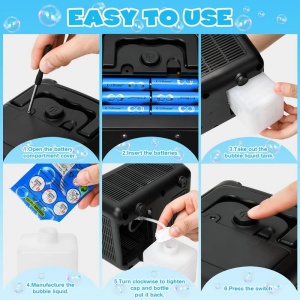 Masina electrica de facut baloane din sapun, lumini LED, 2 viteze, 200ml, 12000 de baloane/min, 12x13x19cm, negru/alb - Img 5