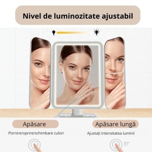 Oglinda cosmetica cu LED pentru make-up, zoom 2X si 3X, lumina reglabila, buton touch, USB, alb - Img 7
