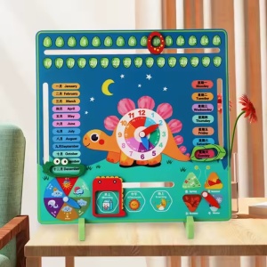 Panou educativ cu Ceas si Calendar din lemn, model Dinozaur, pentru copii 3 ani+ - Img 3