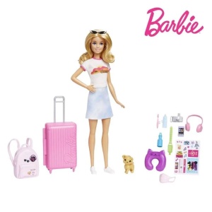 Papusa Barbie gata de calatorie cu 10 accesorii incluse