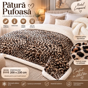 Pătură de pat matrimonială cu captuseala din lână, 200x230 cm, moale, pufoasă și călduroasă, model Leopard - Img 2
