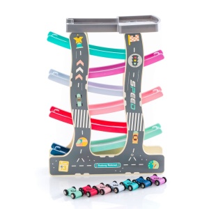 Pista cu 8 masinute, circuit cu rampe colorate, din lemn si plastic, pentru copii 3 ani+, 40x30cm, multicolor - Img 3