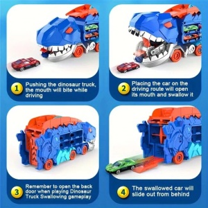 Pista pliabila cu camion in forma de dinozaur, cu 2 vehicule, 46x15x30cm, albastru - Img 5