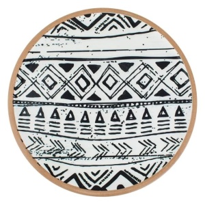 Platou decorativ rotund, pentru decoratiuni sau servit, din lemn cu model liniar, Ø38x2cm, bej/negru - Img 1