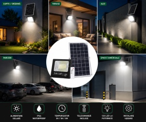 Proiector solar LED 150W cu panou solar 15W, 120 LED-uri, Telecomanda, Grad protectie IP66 - Img 2
