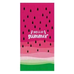Prosop pentru Plaja, cu text "Hello summer" si model Pepene Verde, din Bumbac, 150x75cm, Fucsia