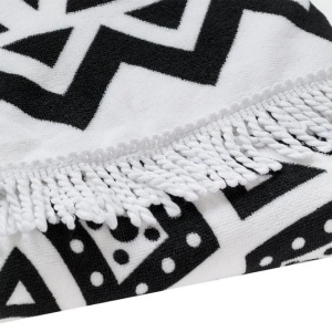 Prosop Rotund pentru Plaja, cu Model Mandala si Franjuri, Diametru 150cm, Alb-Negru - Img 2
