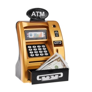 Pusculita tip Bancomat Muzicala, pentru Copii 3 ani+, cu Depunere si Retragere, ATM, Senzor de Miscare, 25x15.8x9cm, Argintiu/Auriu - Img 6