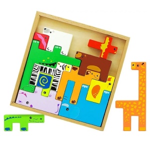 Puzzle 3D cu 13 figurine animale, de stivuire, pentru copii 3 ani+, din lemn, 19.6x19.6x1.5 cm, multicolor - Img 2