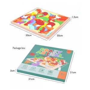 Puzzle 3D tip tetris, cu forme de animale, cu 76 de piese din lemn, pentru copii 3 ani+, 30x30x1.5 cm, multicolor - Img 6