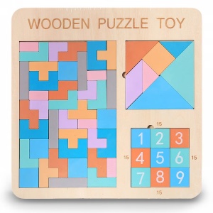 Puzzle cu forme si numere 3D, pentru copii 3 ani+, din lemn, 30x30 cm, Multicolor - Img 2