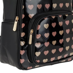 Rucsac Lucios cu Inimi, pentru Dama, PU, 27x12x32.5cm negru/bej - Img 3