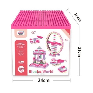 Set blocuri de construit cu 320 piese, pentru copii de 2 ani+, 24x21x18cm, Roz - Img 8