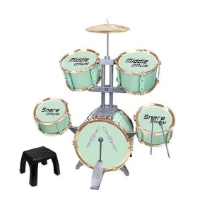 Set cu 5 tobe de jazz, un chimval metalic, 2 ciocane si un scaunel, pentru copii 3 ani+, verde/roz - Img 3
