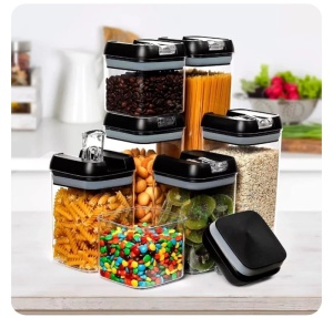 Set cu 7 cutii ermetice pentru alimente, design stivuibil, plastic, capac negru, recipient transparent - Img 3
