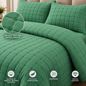 Set Cuvertură Pat Matrimonial 4 Piese Bumbac, Cuvertură 230x240 cm, Cearșaf cu Elastic 180x200 cm, 2 Fețe de Pernă 55x80 cm,Culoare Verde - Img 2