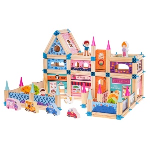 Set de Constructie din Lemn Natural si Plastic pentru Copii 3 ani+, cu 278 de Piese, Casuta papusi, 38x28x7.8 cm, Multicolor - Img 2