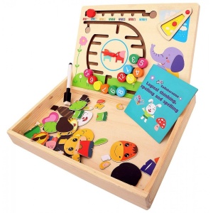 Set Educativ Montessori din Lemn, cu Puzzle, Labirint cu Margele si Asociere Alfabetica si Numerica, multicolor - Img 2