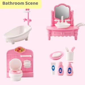 Set mobilier baie si dormitor pentru papusi, pentru copii de 3 ani+, 30x23x7cm, roz - Img 2