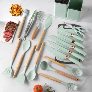 Set ustensile bucatarie Welora 19 piese Lemn si Silicon alimentar, Cutite, Tocator, Termorezistente, Antiaderente, Suport Blat, Negru/Gri/Turcoaz - Img 6