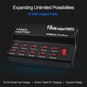 Statie de Incarcare 60W cu 10 Porturi Smart USB, Fast Charging, Universal, Negru - Img 3
