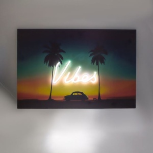 Tablou decorativ din lemn cu LED, cu model cu model apus de soare Vibes, 60x40 cm, multicolor - Img 2
