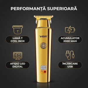 Trimmer Profesional VGR V-947, Autonomie 500 Minute, Afișaj LED Digital, Lamă T din Oțel Inoxidabil, USB, Auriu - Img 2