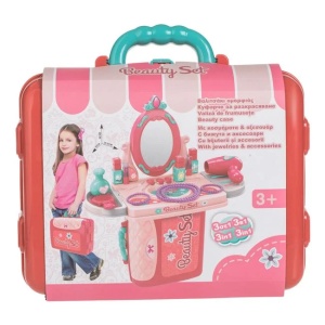 Valiza cutie de bijuterii cu oglinda si accesorii, include 14 piese, 26x10x20cm, roz-verde - Img 5