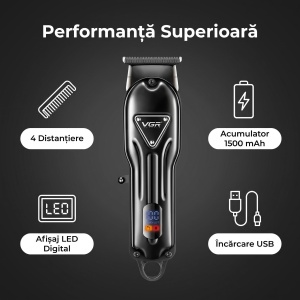 Aparat de tuns fara fir VGR V-298, 4 Distantiere, Afisaj LED, Acumulator 1500mAh/Autonomie mare, Negru - Img 5