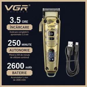 Aparat de tuns profesional VGR V-005, Autonomie 250 Minute, Lama Ceramica, Display LED, USB, Auriu Vintage - Img 7