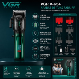 Aparat de Tuns Profesional VGR V-654, 7000 RPM, Acumulator 2000mAh, LED Display, USB Type-C, 6 Distantiere - Img 2