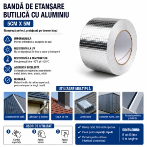 Banda de etansare butilica cu aluminiu 5cm x 5m, Autoadeziva, Impermeabila, Rezistentă la UV si intemperii - Img 3