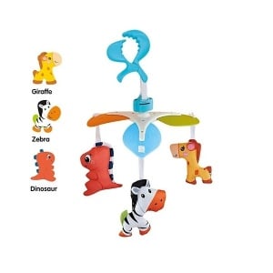 Carusel mecanic cu 3 figurine, pentru bebelusi 0+ luni, cu cleste pentru patut, carucior sau scoica, 23x23x32 cm, albastru/roz - Img 1