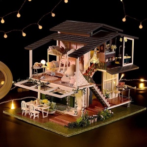 Casa pentru copii, de asamblat DIY, din lemn, cu mobilier si iluminare, 23.5x32x24.5 cm, alb-negru - Img 1