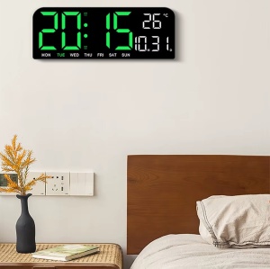 Ceas digital de perete, cu lumina LED ajustabila, alarma, umiditate, temperatura, cronometru, 9x3x24 cm, negru-verde - Img 3