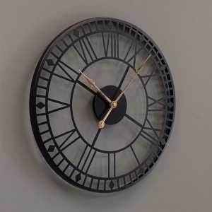 Ceas metalic de perete cu cifre romane si indicatoare din bronz, Ø60 cm, negru - Img 2