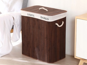 Cos din bambus 2 in 1, pentru haine sau jucarii, cu doua compatimente, pliabil, cu manere si capac - Img 1