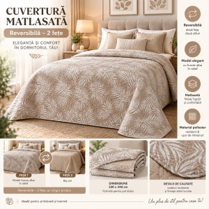 Cuvertură de Pat Matrimonial, Matlasată Reversibilă, 2 Fețe, 220x240 cm, Model cu Frunze Albe în Relief, Culoare Bej - Img 3