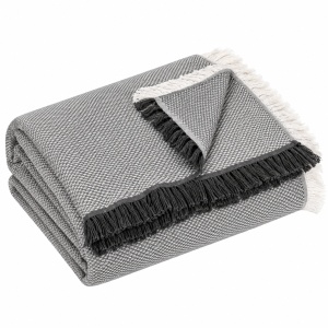 Cuvertura decorativa pentru canapea cu doua locuri cu franjuri albe si antracit, Dimensiune 230x180 cm, Gri