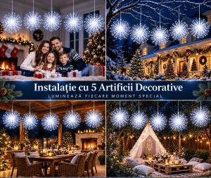 Instalatie LED cu 5 Artificii Decorative, Lungime 5m, 600 LED, 8 Moduri de Iluminare, Interior/Exterior, IP44, Alb Cald/Alb Rece/Multicolor - Img 6