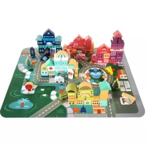 Joc tip puzzle cu oras si blocuri de lemn, 100 piese, multicolor - Img 1