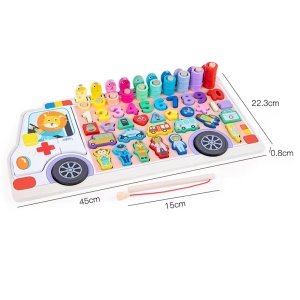 Jucarie educativa 6 in 1, logaritmica, in forma de masinuta cu multe accesorii, din lemn, pentru copii 3 ani+, 45x23 cm, multicolor - Img 8