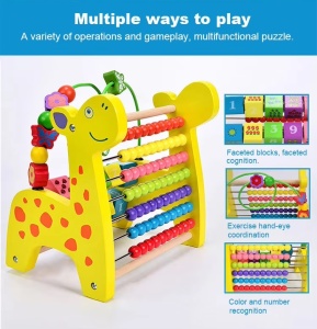 Jucarie Educativa din Lemn, cu Numaratoare, Cuburi, Labirint cu Bile, 3 in 1, Montessori, 21x15x21 cm, Galben - Img 3