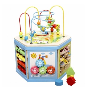 Jucarie educativa din lemn, Montessori, Hexagon cu activitati, 8 in 1, copii 1-6 ani, 30x38 cm, multicolor - Img 5