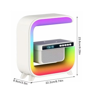 Lampa Smart LED RGB cu difuzor Bluetooth, Incarcare Wireless 15 W pentru Mobil, Ceas, Lumina Ambientala, Alarma, Alb - Img 8