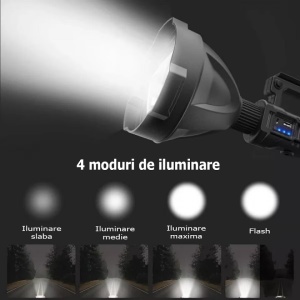 Lanterna Profesionala LED cu acumulator, Incarcare USB, Raza de actiune 1000m, 4 moduri de iluminare, functie Powerbank - Img 3